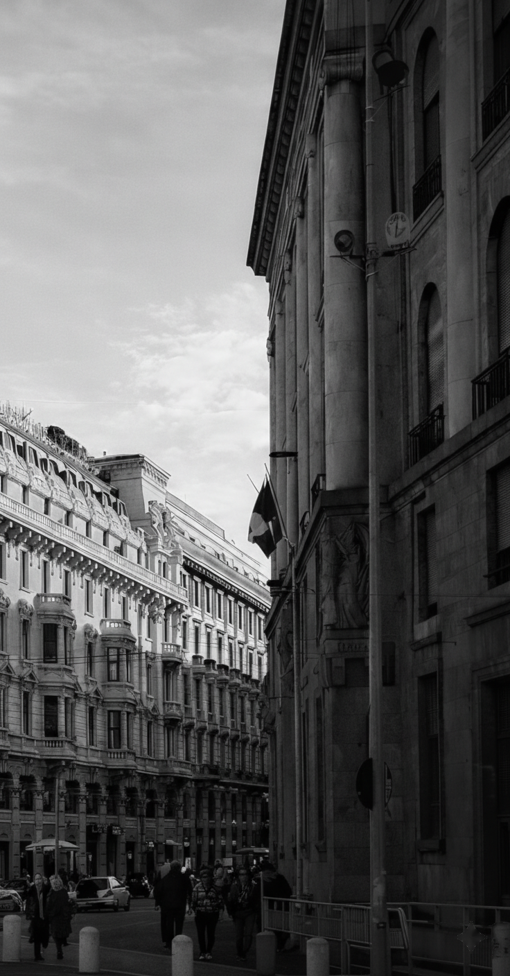 Urban street scene in grayscale