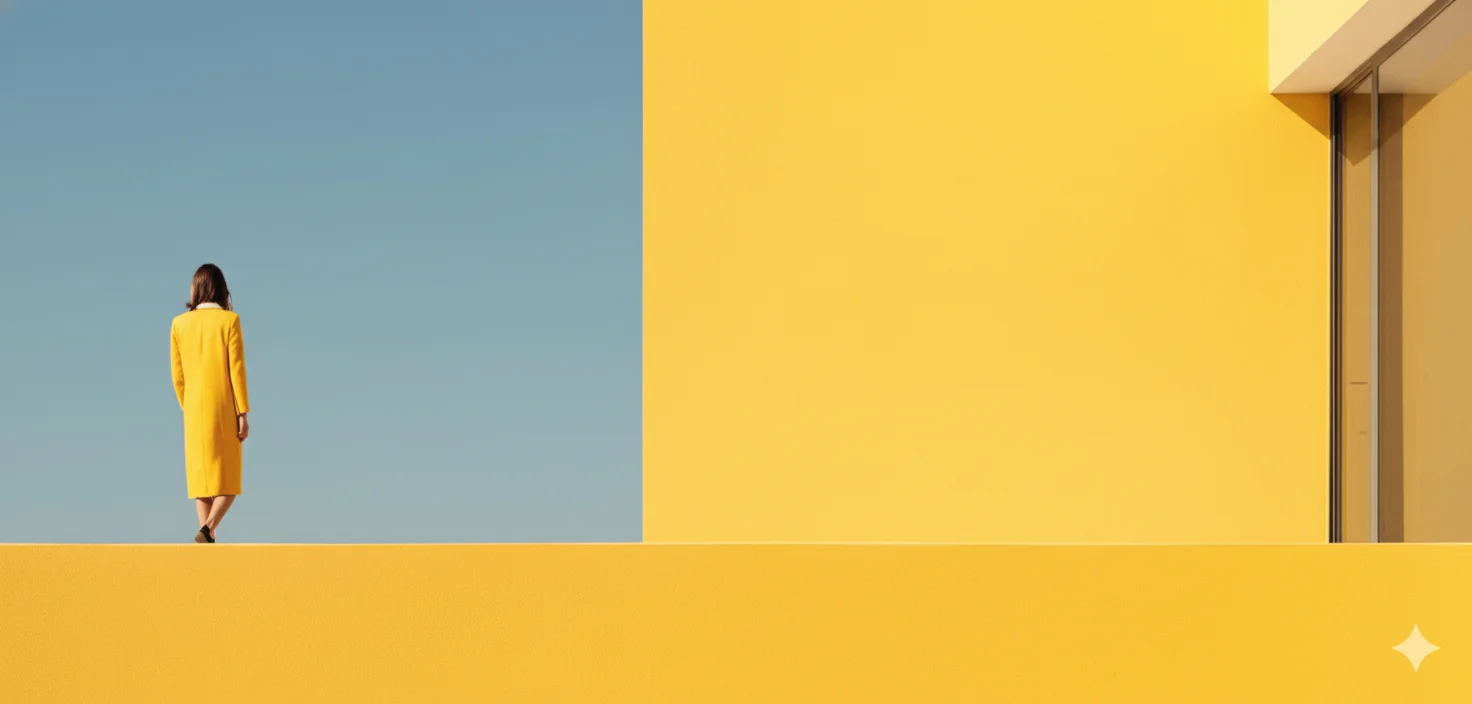Donna in cappotto giallo davanti a parete gialla, cielo blu