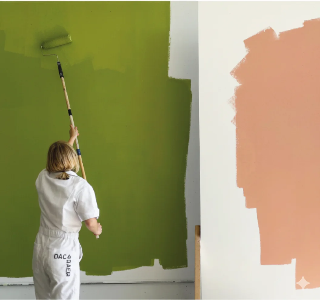 Donna dipinge parete verde e rosa